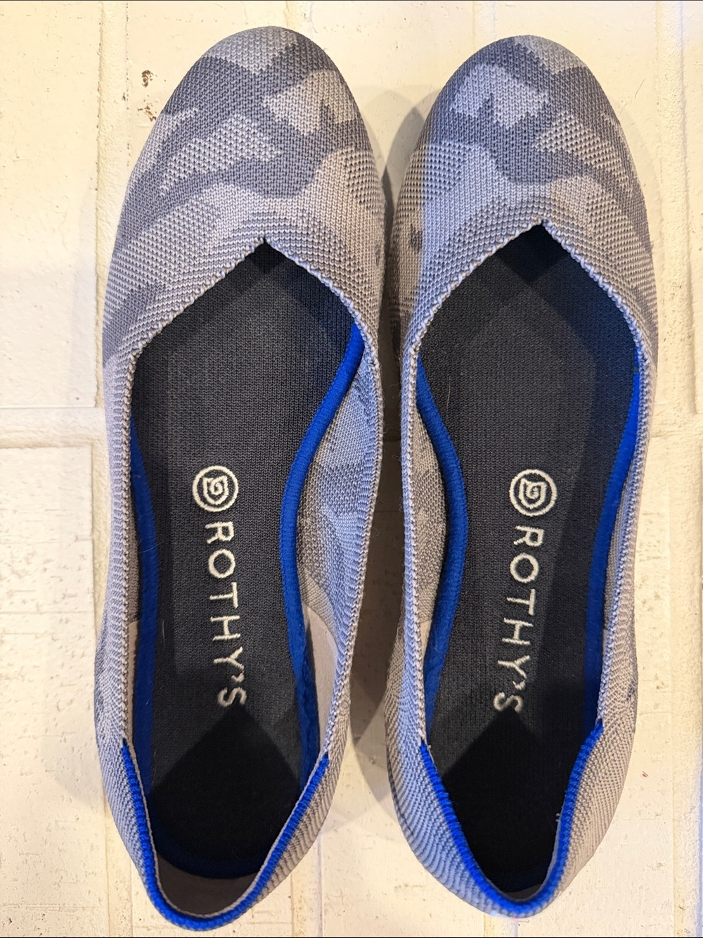 Rothy's Camo Gray Knit Ballet Flats with Blue Accent Trim